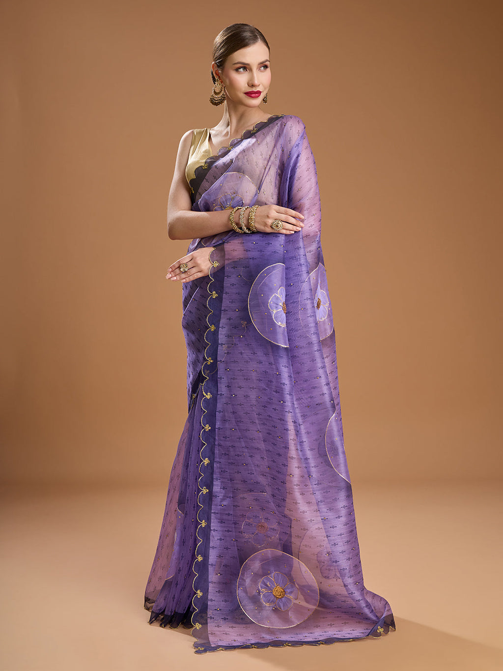 Jyoti Fashion Women's Purple Organza Sequins Embroidered Designer Saree with Blouse - Distacart