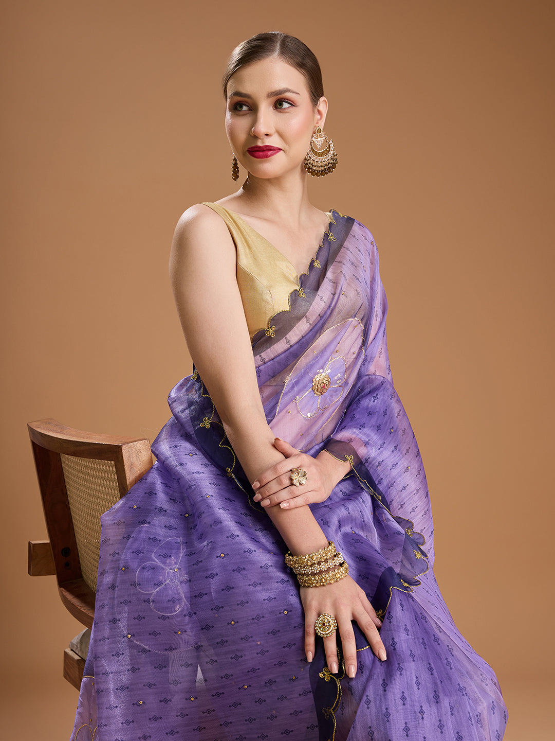 Jyoti Fashion Women's Purple Organza Sequins Embroidered Designer Saree with Blouse - Distacart