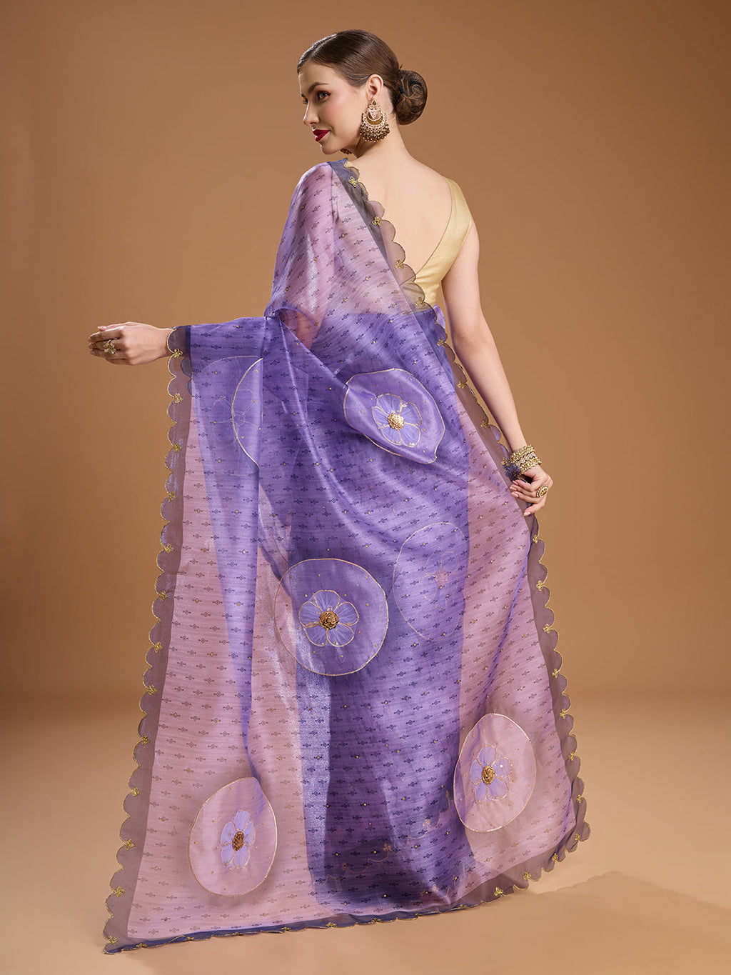 Jyoti Fashion Women's Purple Organza Sequins Embroidered Designer Saree with Blouse - Distacart
