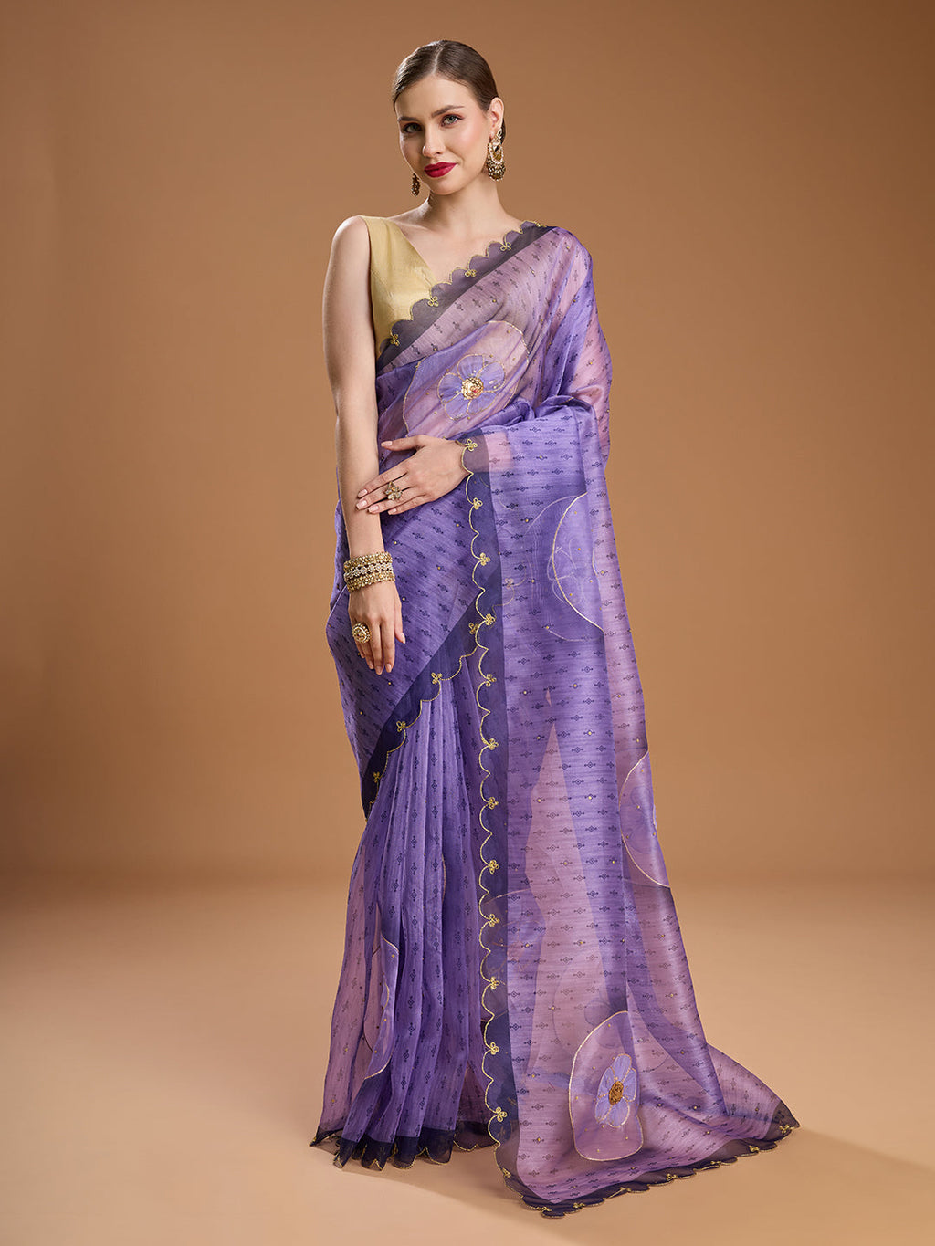 Jyoti Fashion Women's Purple Organza Sequins Embroidered Designer Saree with Blouse - Distacart