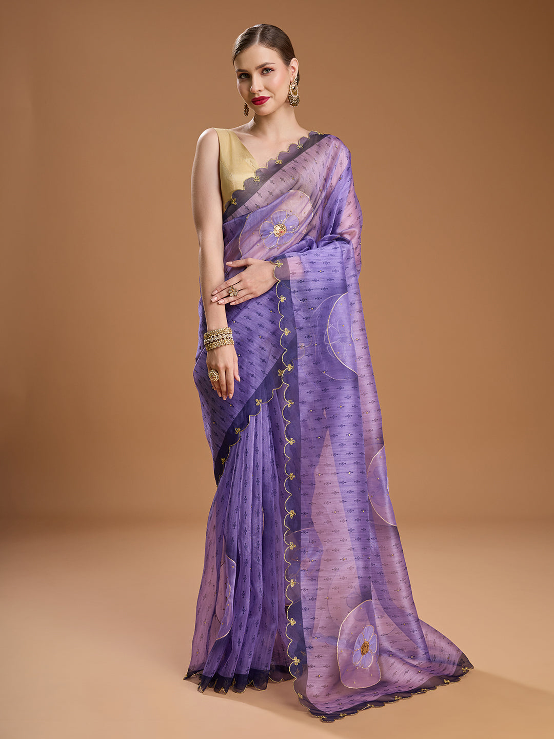 Jyoti Fashion Women's Purple Organza Sequins Embroidered Designer Saree with Blouse - Distacart