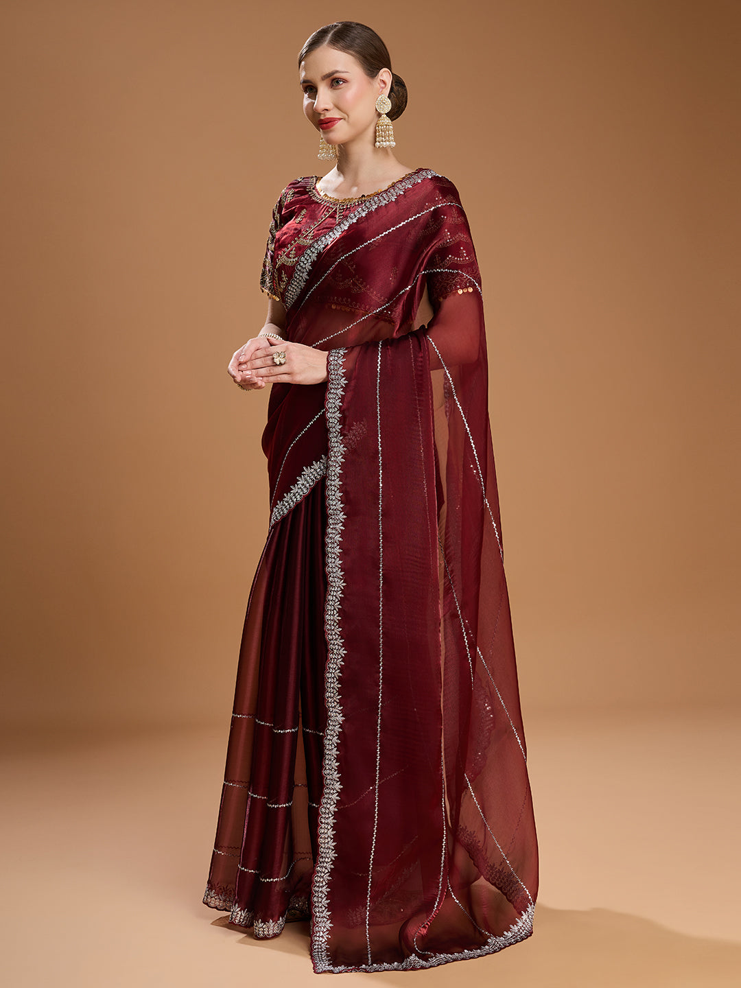 Jyoti Fashion Women's Brown Jimmy Choo Sequins Embroidered Designer Saree with Blouse - Distacart