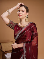 Jyoti Fashion Women's Brown Jimmy Choo Sequins Embroidered Designer Saree with Blouse - Distacart
