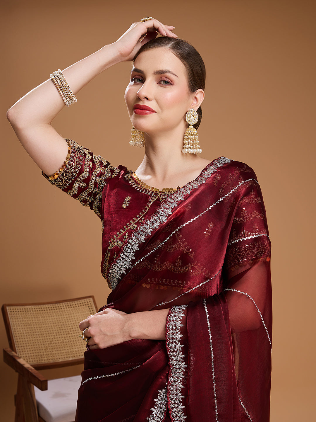Jyoti Fashion Women's Brown Jimmy Choo Sequins Embroidered Designer Saree with Blouse - Distacart