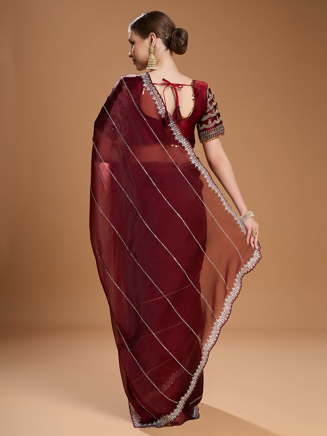 Jyoti Fashion Women's Brown Jimmy Choo Sequins Embroidered Designer Saree with Blouse - Distacart