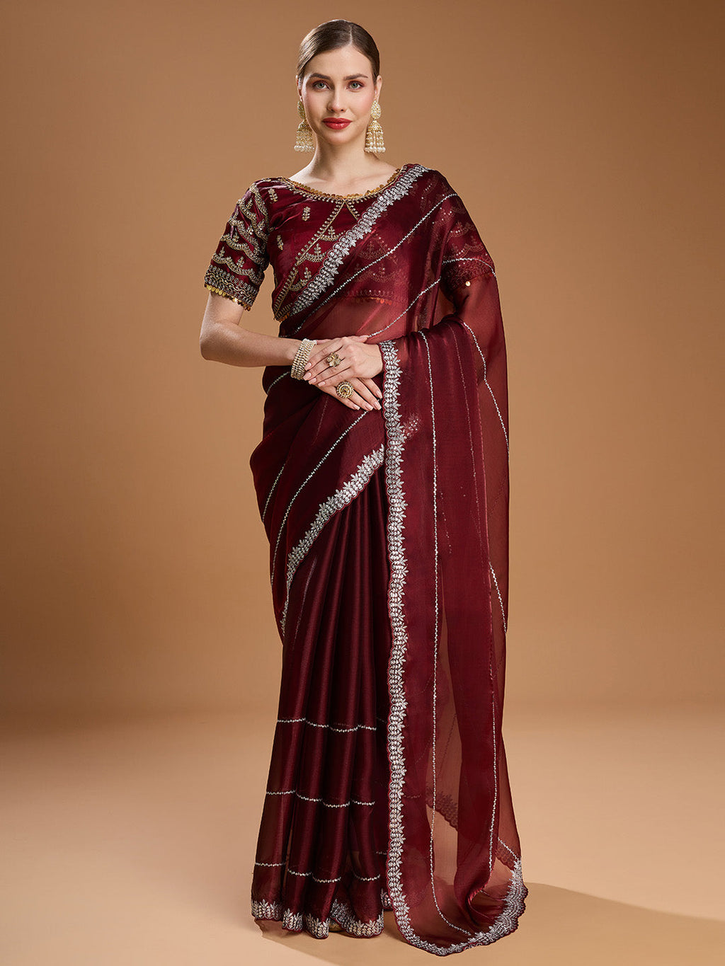 Jyoti Fashion Women's Brown Jimmy Choo Sequins Embroidered Designer Saree with Blouse - Distacart