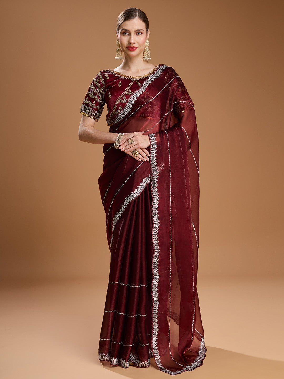 Jyoti Fashion Women's Brown Jimmy Choo Sequins Embroidered Designer Saree with Blouse - Distacart