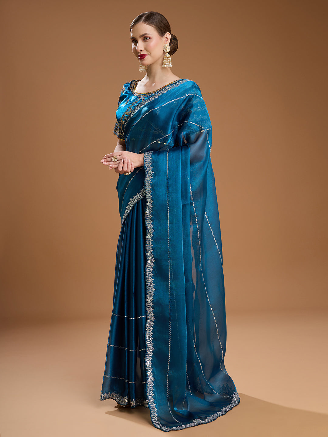 Jyoti Fashion Women's Teal Jimmy Choo Sequins Embroidered Designer Saree with Blouse - Distacart
