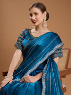 Jyoti Fashion Women's Teal Jimmy Choo Sequins Embroidered Designer Saree with Blouse - Distacart