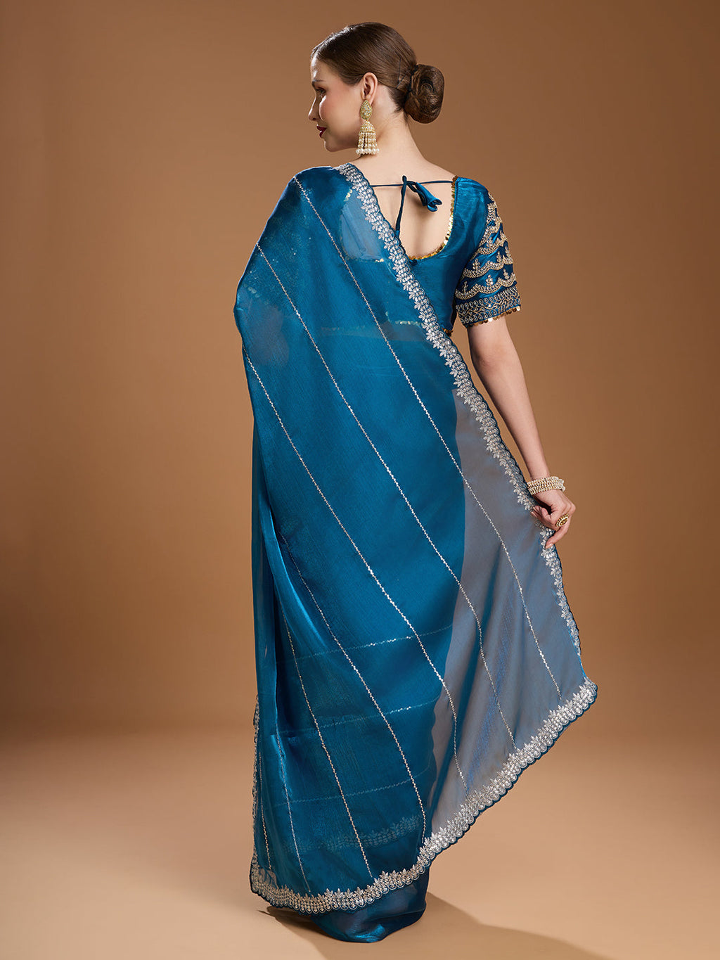 Jyoti Fashion Women's Teal Jimmy Choo Sequins Embroidered Designer Saree with Blouse - Distacart