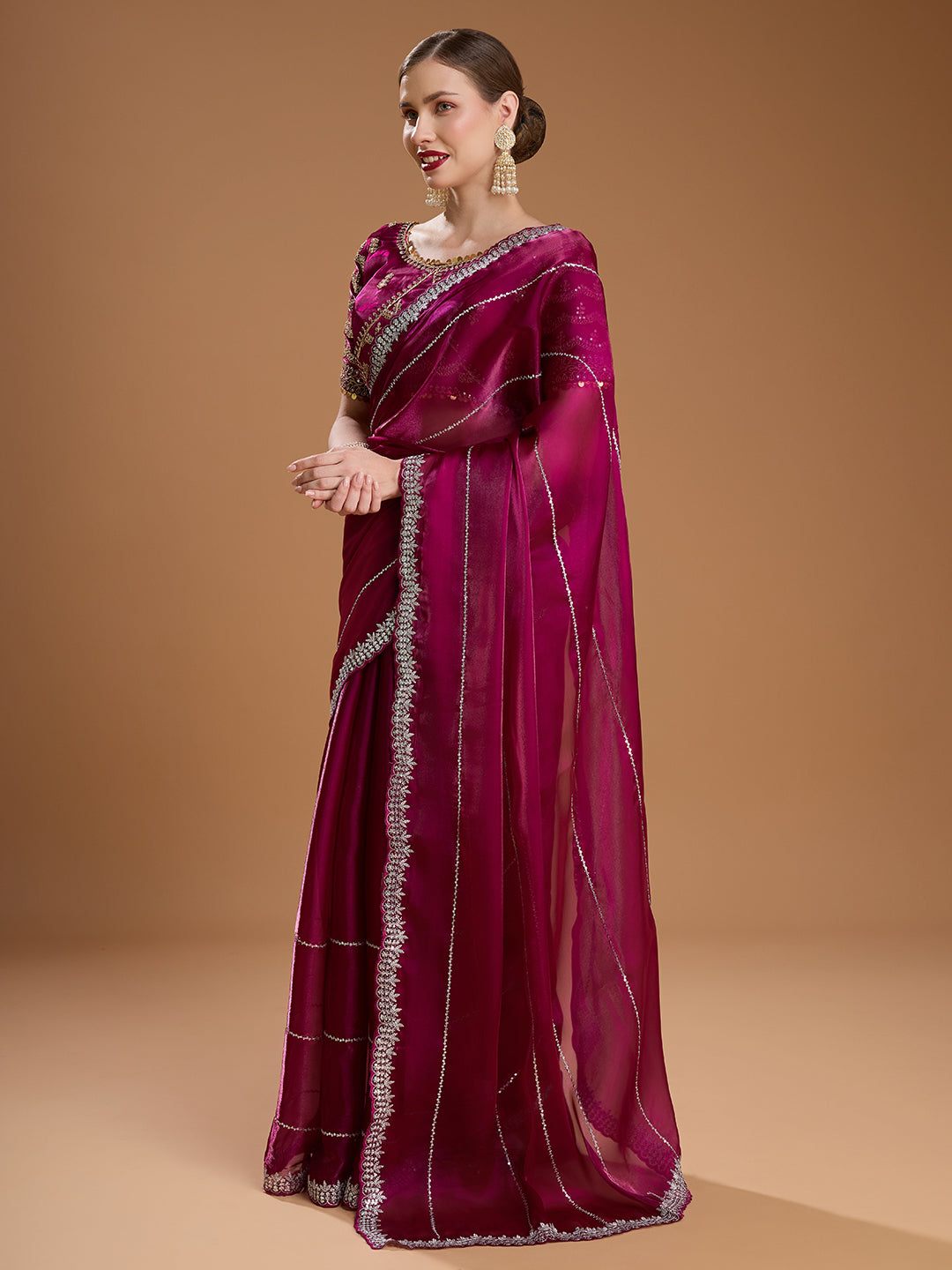 Jyoti Fashion Women's Wine Jimmy Choo Sequins Embroidered Designer Saree with Blouse - Distacart