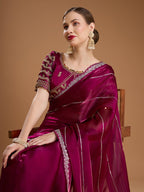 Jyoti Fashion Women's Wine Jimmy Choo Sequins Embroidered Designer Saree with Blouse - Distacart