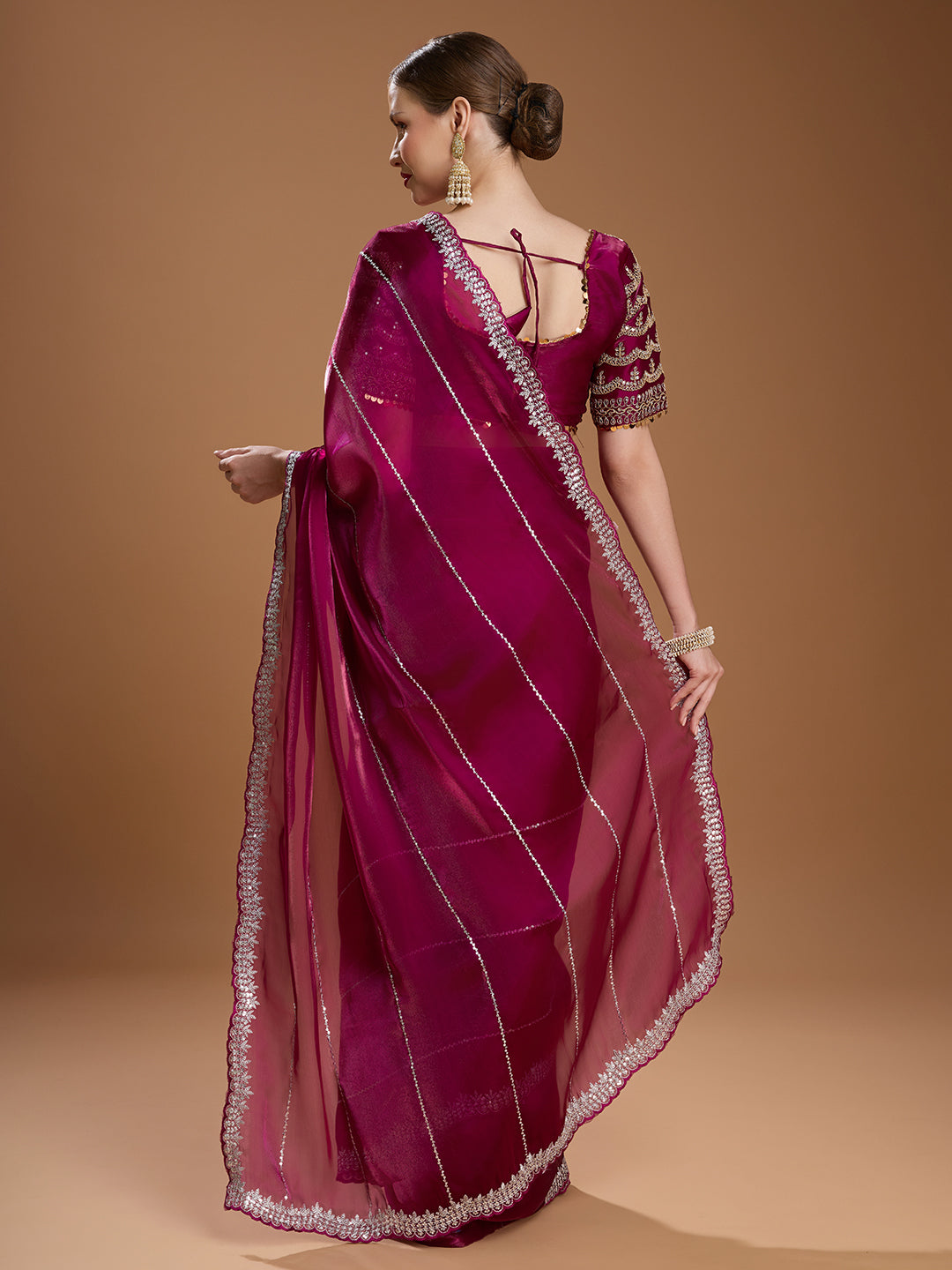 Jyoti Fashion Women's Wine Jimmy Choo Sequins Embroidered Designer Saree with Blouse - Distacart