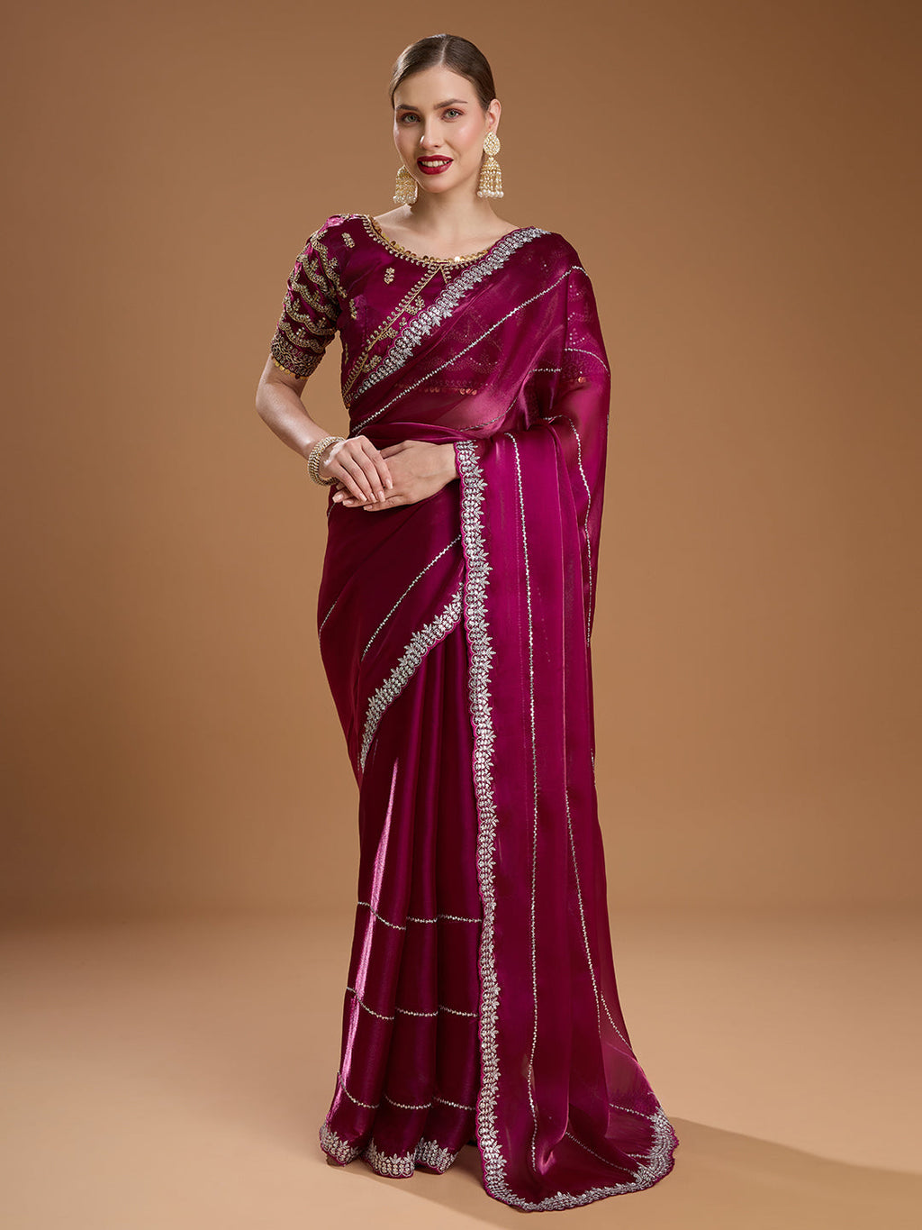 Jyoti Fashion Women's Wine Jimmy Choo Sequins Embroidered Designer Saree with Blouse - Distacart
