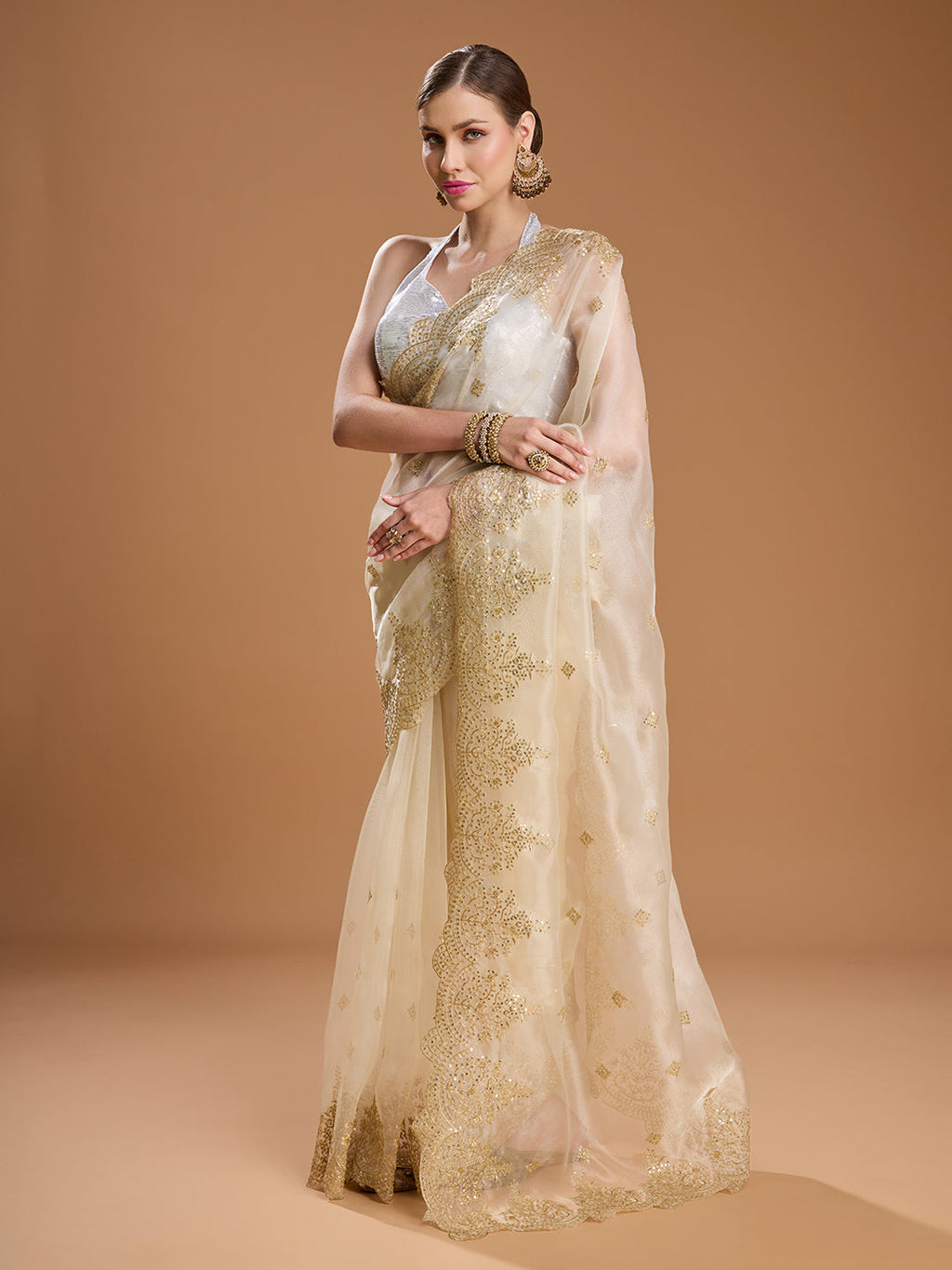 Jyoti Fashion Women's Cream Net Sequins Embroidered Designer Saree with Blouse - Distacart