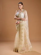 Jyoti Fashion Women's Cream Net Sequins Embroidered Designer Saree with Blouse - Distacart