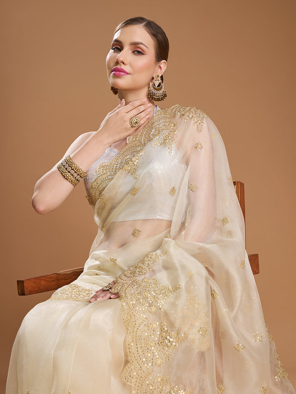 Jyoti Fashion Women's Cream Net Sequins Embroidered Designer Saree with Blouse - Distacart