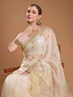 Jyoti Fashion Women's Cream Net Sequins Embroidered Designer Saree with Blouse - Distacart