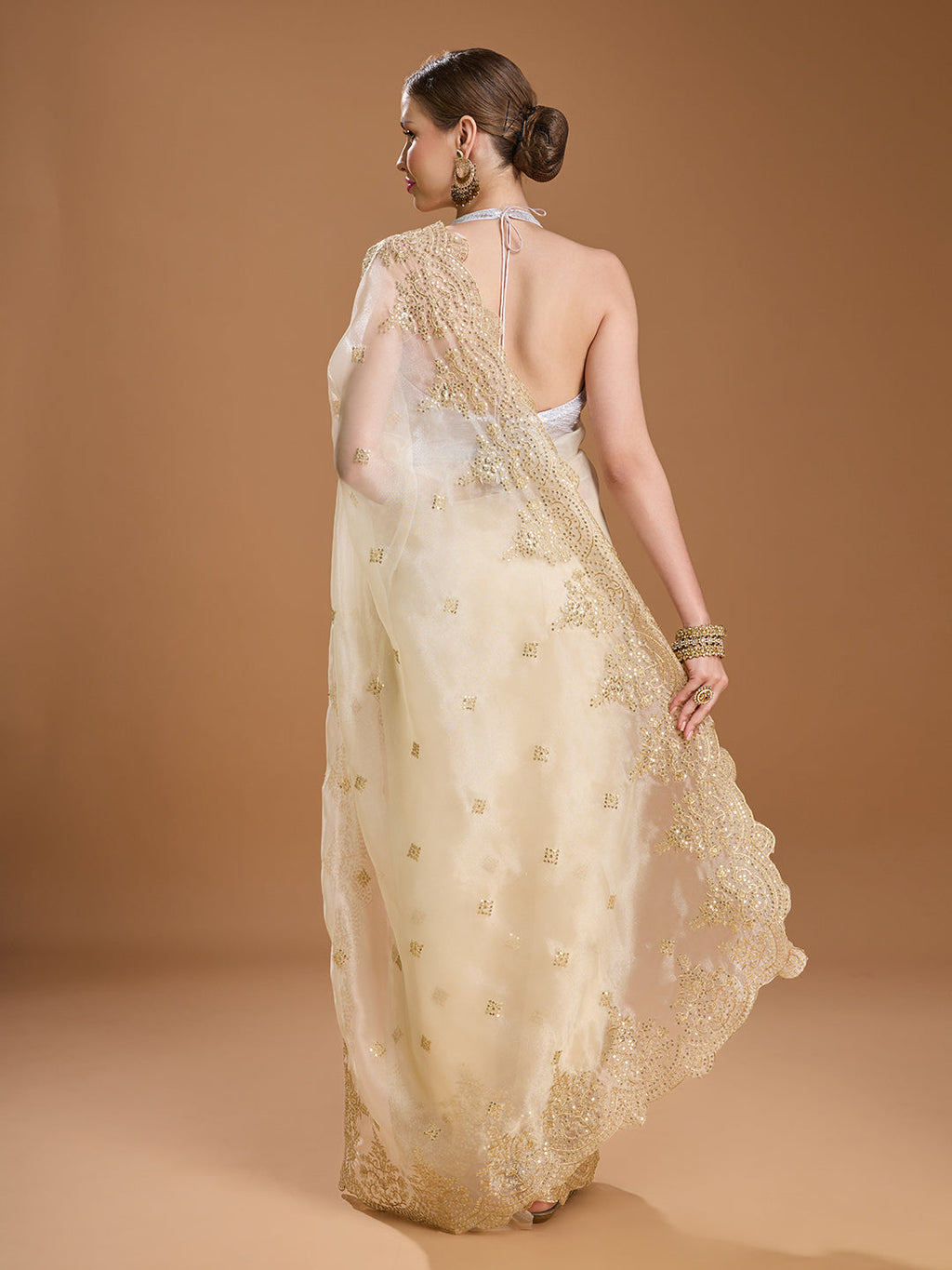 Jyoti Fashion Women's Cream Net Sequins Embroidered Designer Saree with Blouse - Distacart