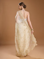Jyoti Fashion Women's Cream Net Sequins Embroidered Designer Saree with Blouse - Distacart