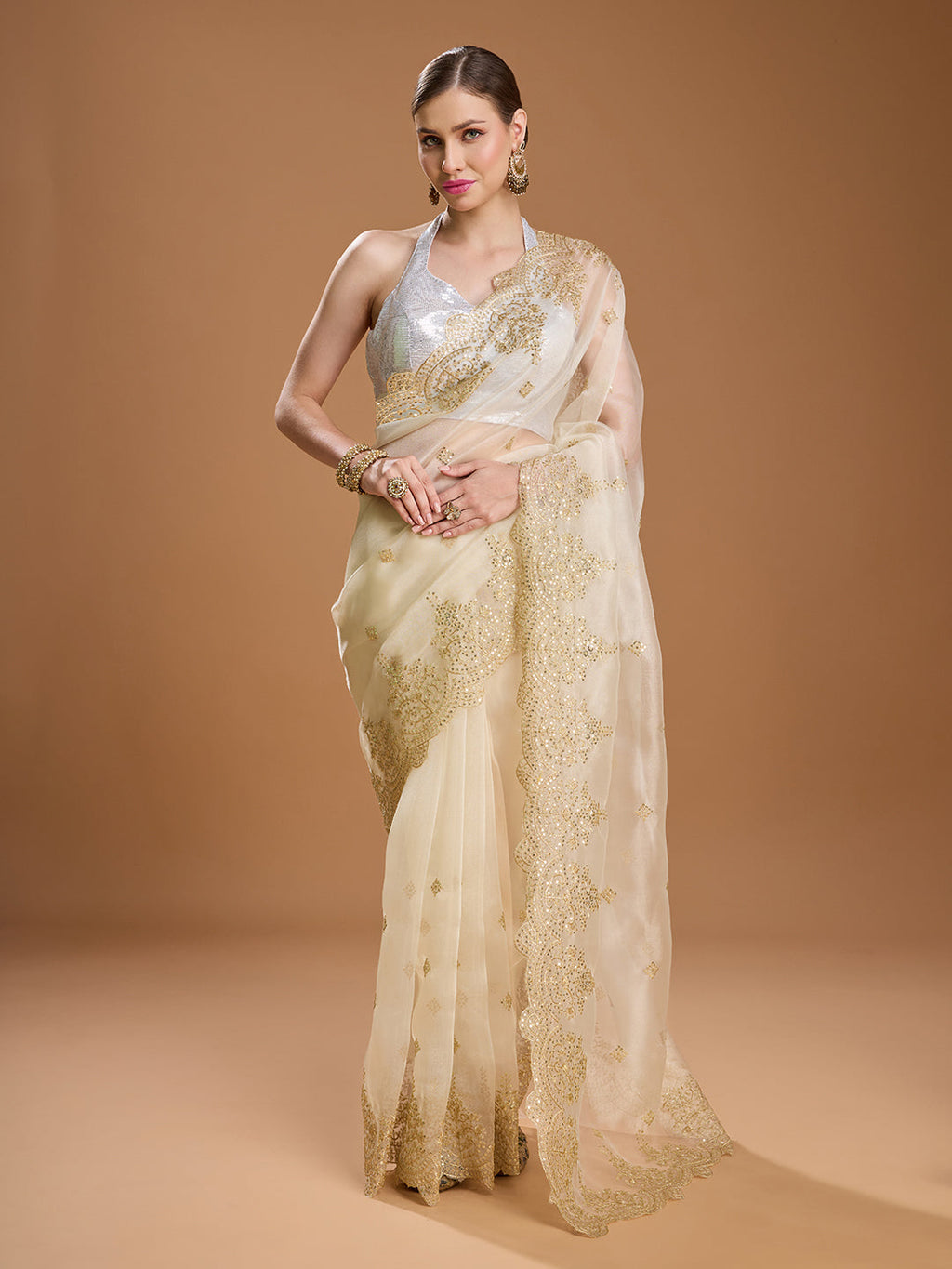 Jyoti Fashion Women's Cream Net Sequins Embroidered Designer Saree with Blouse - Distacart
