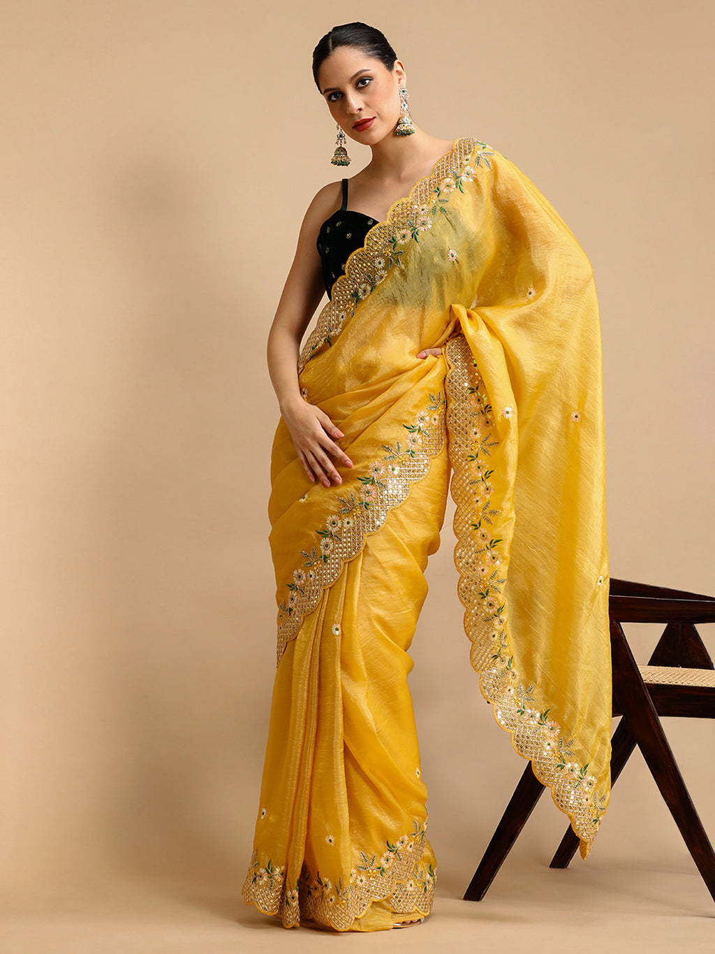 Jyoti Fashion Women's Yellow Art Silk Sequins Embroidered Designer Saree with Blouse - Distacart