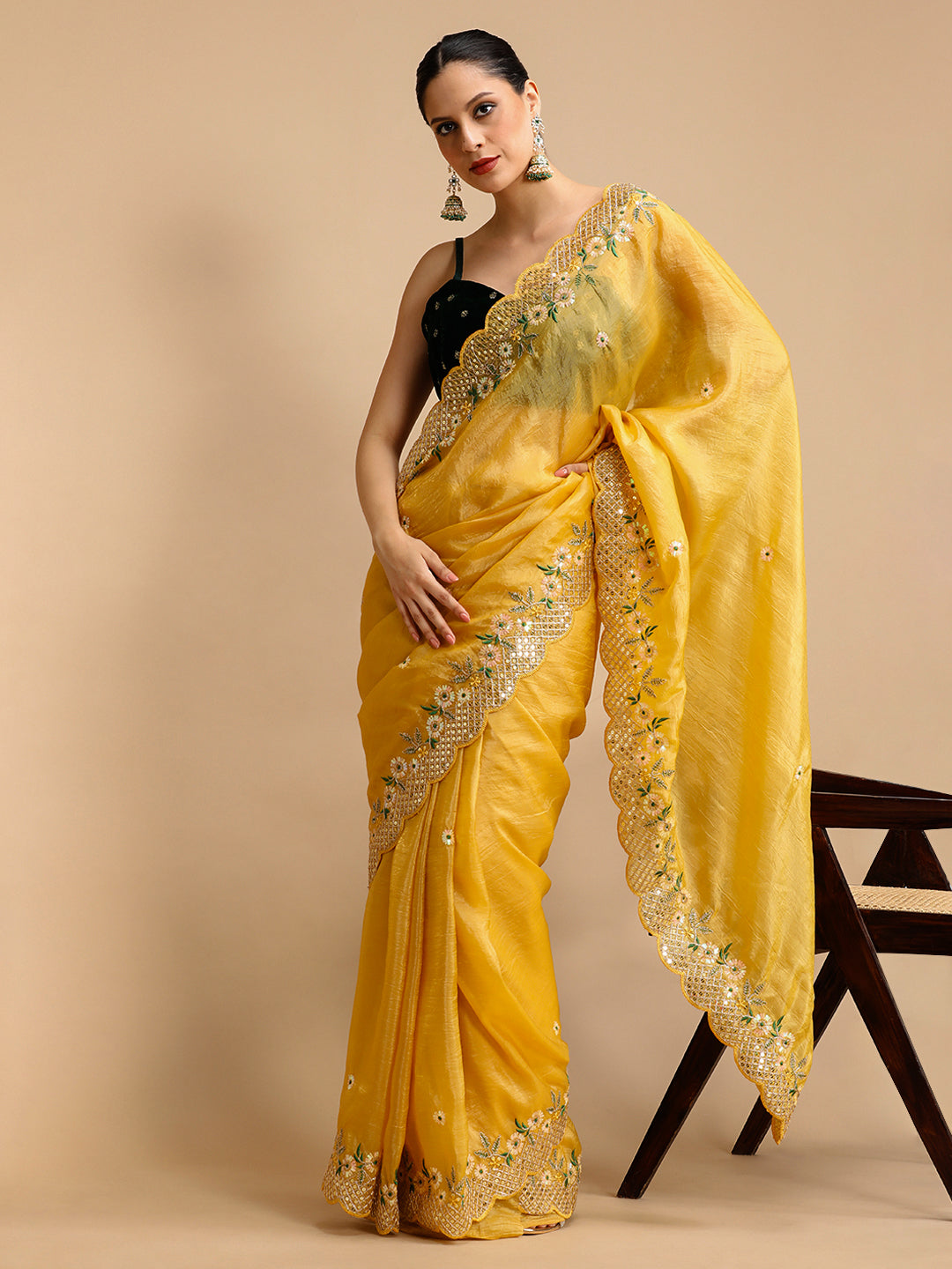 Jyoti Fashion Women's Yellow Art Silk Sequins Embroidered Designer Saree with Blouse - Distacart