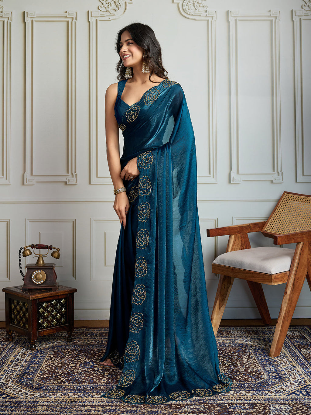 Jyoti Fashion Women's Morpich Fandy Satin Handwork Designer Saree with Blouse - Distacart