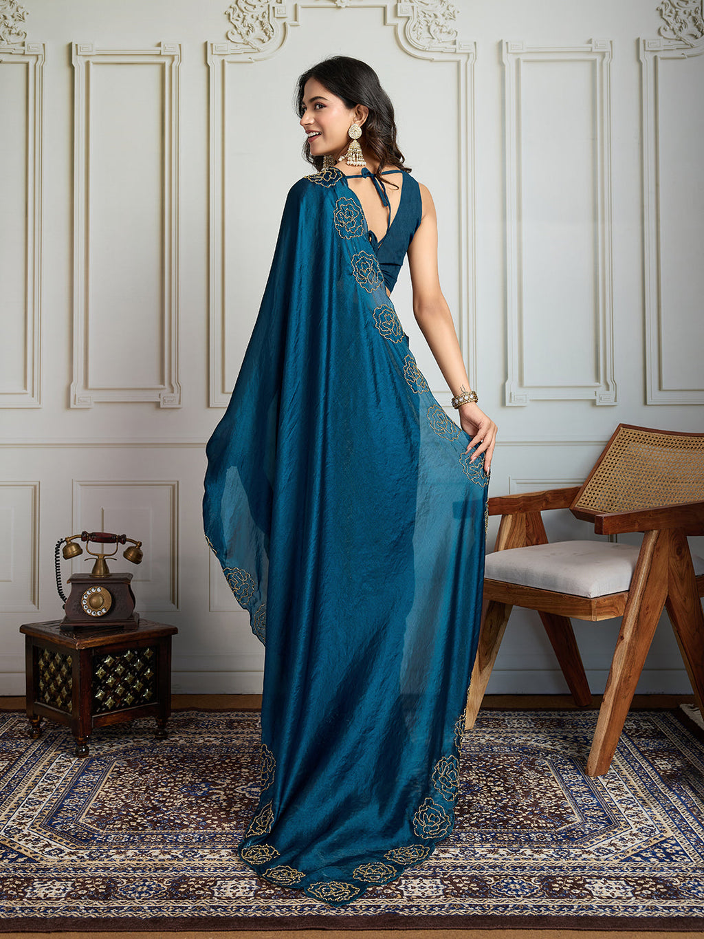 Jyoti Fashion Women's Morpich Fandy Satin Handwork Designer Saree with Blouse - Distacart