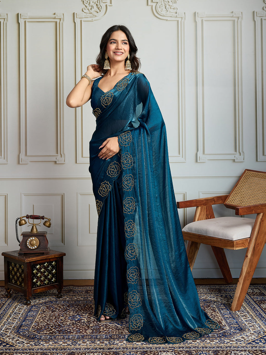 Jyoti Fashion Women's Morpich Fandy Satin Handwork Designer Saree with Blouse - Distacart