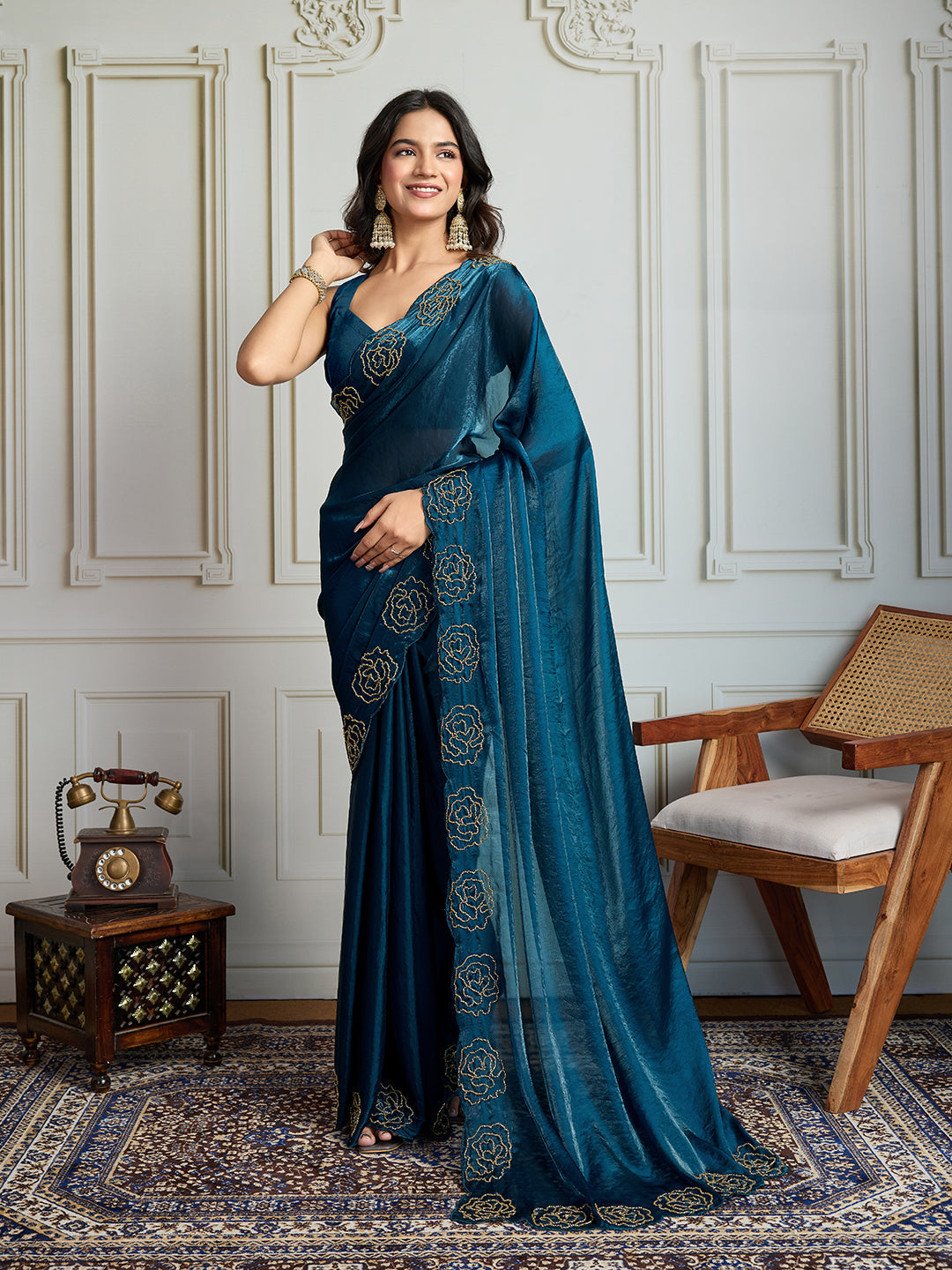 Jyoti Fashion Women's Morpich Fandy Satin Handwork Designer Saree with Blouse - Distacart