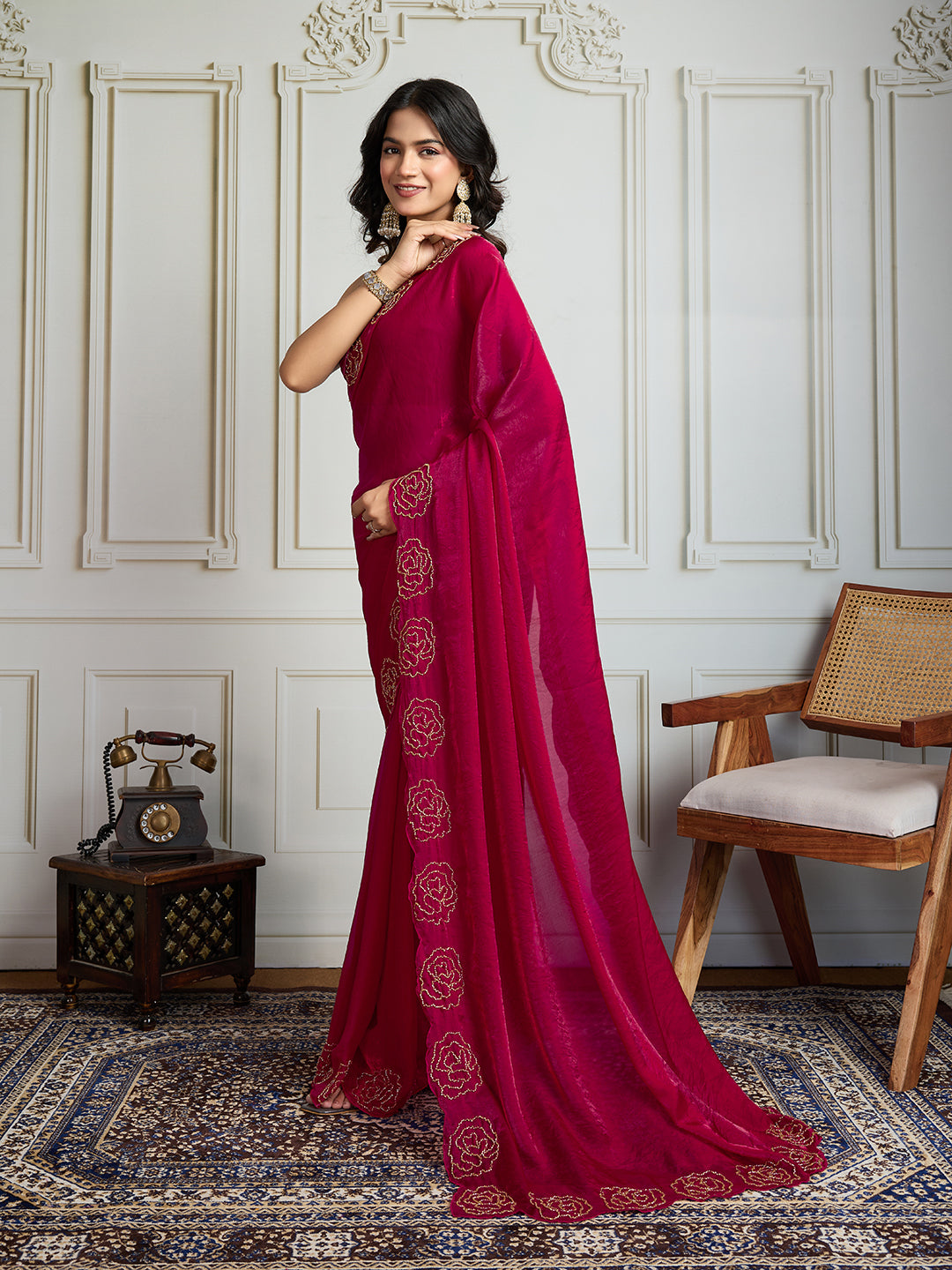 Jyoti Fashion Women's Rani Pink Fandy Satin Handwork Designer Saree with Blouse - Distacart