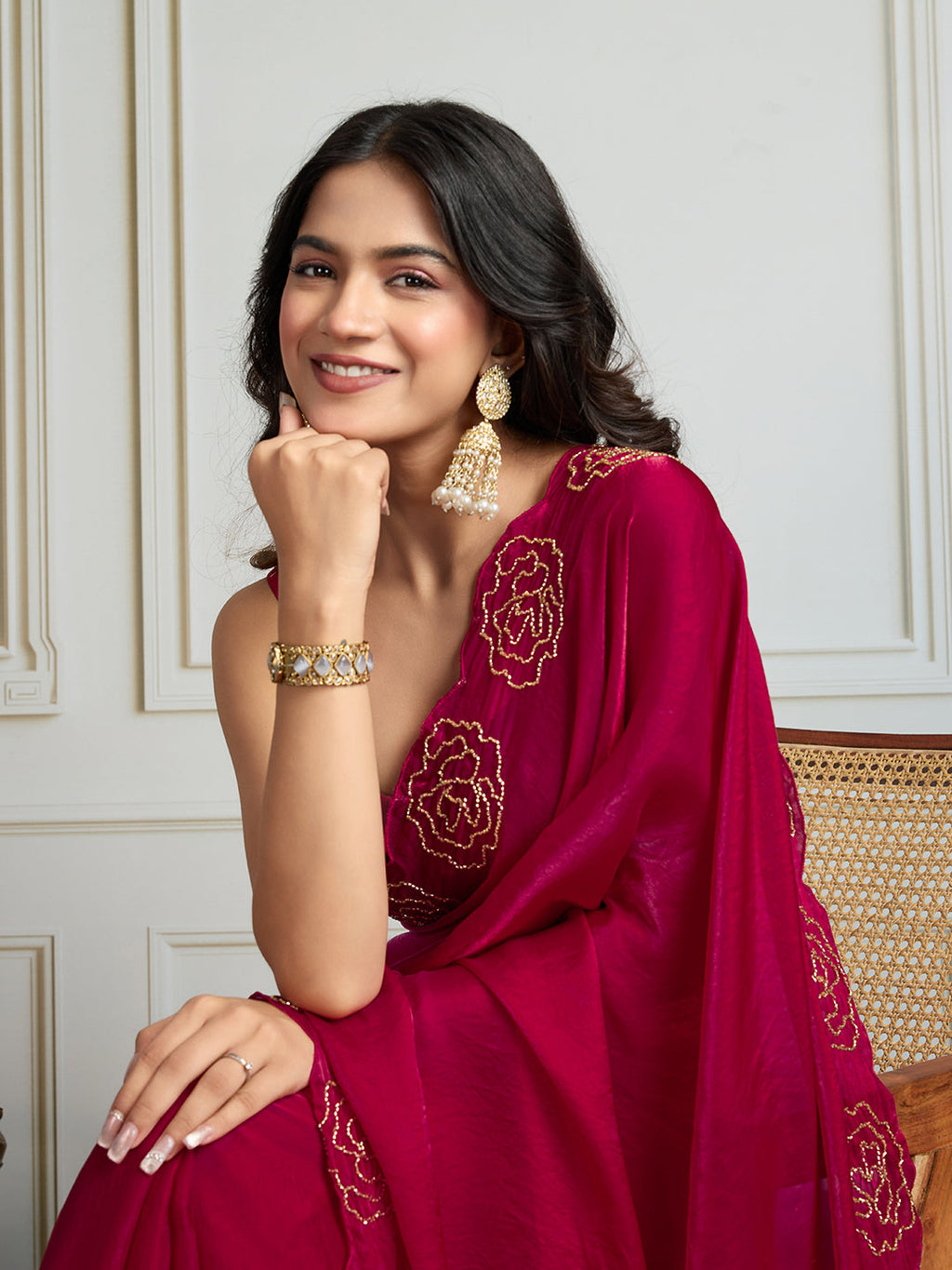 Jyoti Fashion Women's Rani Pink Fandy Satin Handwork Designer Saree with Blouse - Distacart