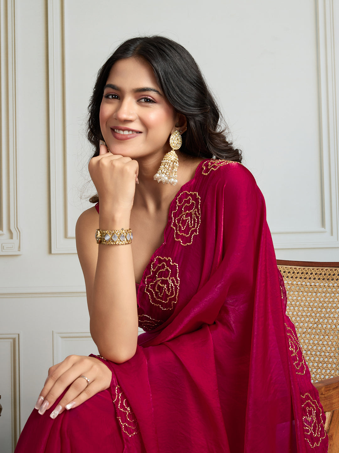 Jyoti Fashion Women's Rani Pink Fandy Satin Handwork Designer Saree with Blouse - Distacart