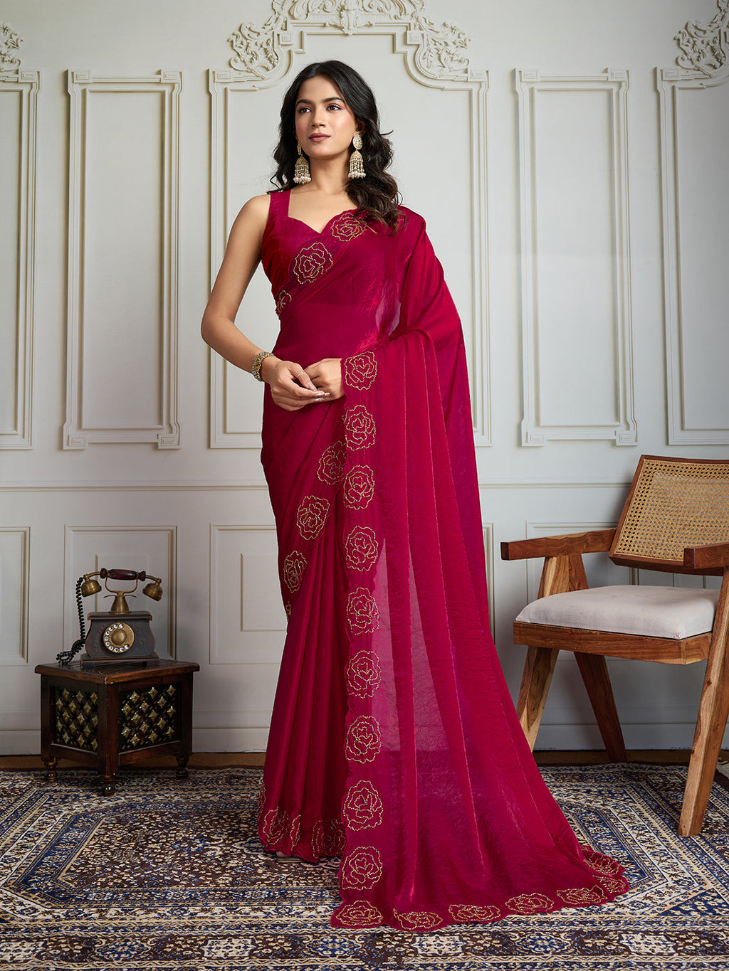 Jyoti Fashion Women's Rani Pink Fandy Satin Handwork Designer Saree with Blouse - Distacart