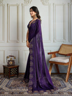 Jyoti Fashion Women's Purple Fandy Satin Handwork Designer Saree with Blouse - Distacart
