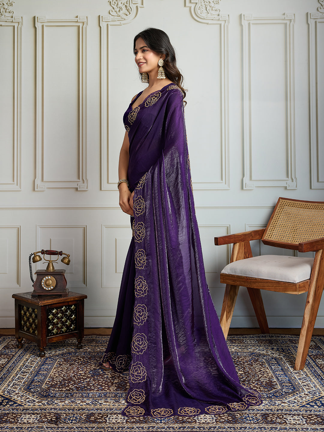 Jyoti Fashion Women's Purple Fandy Satin Handwork Designer Saree with Blouse - Distacart