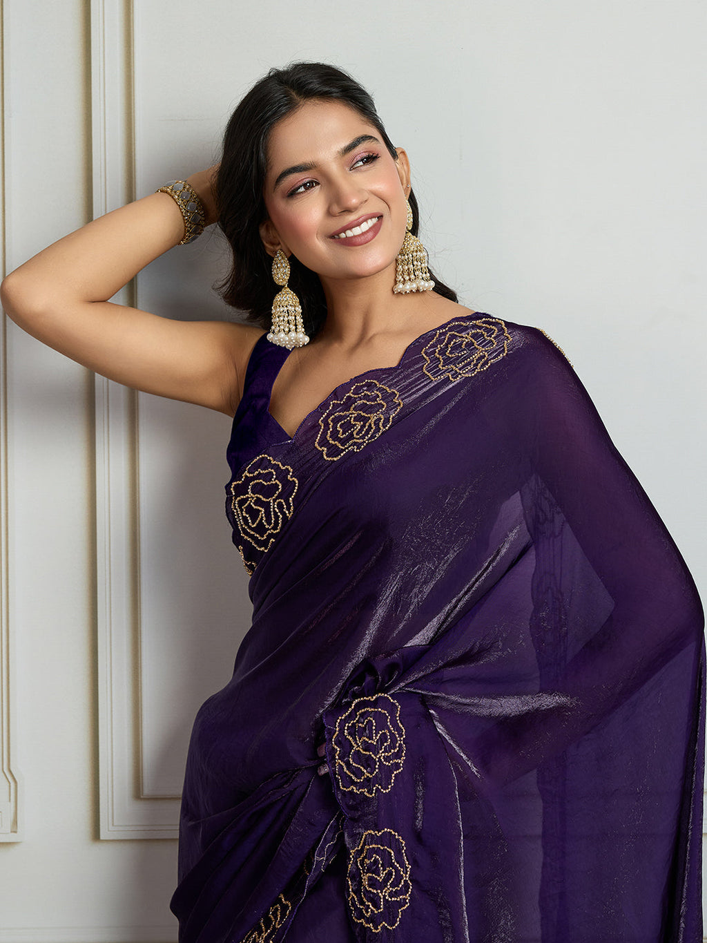 Jyoti Fashion Women's Purple Fandy Satin Handwork Designer Saree with Blouse - Distacart