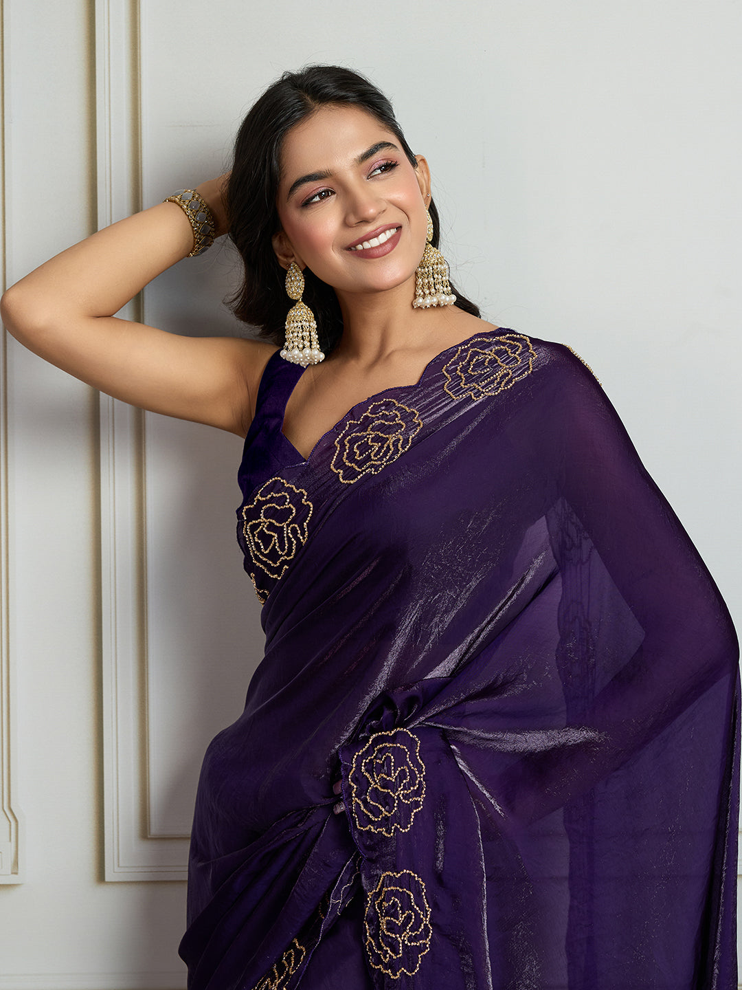 Jyoti Fashion Women's Purple Fandy Satin Handwork Designer Saree with Blouse - Distacart