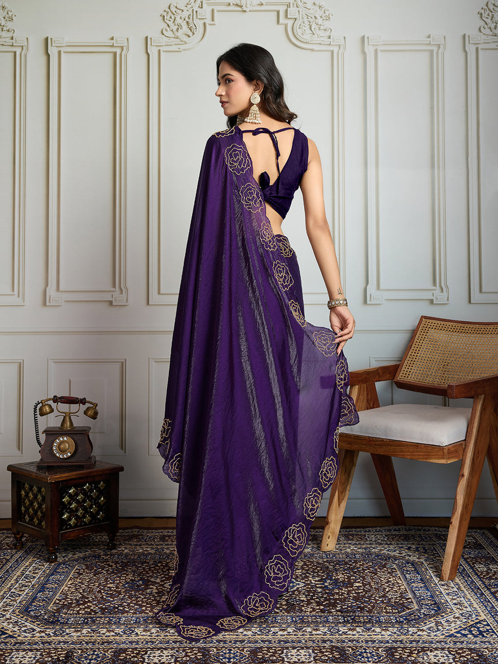 Jyoti Fashion Women's Purple Fandy Satin Handwork Designer Saree with Blouse - Distacart