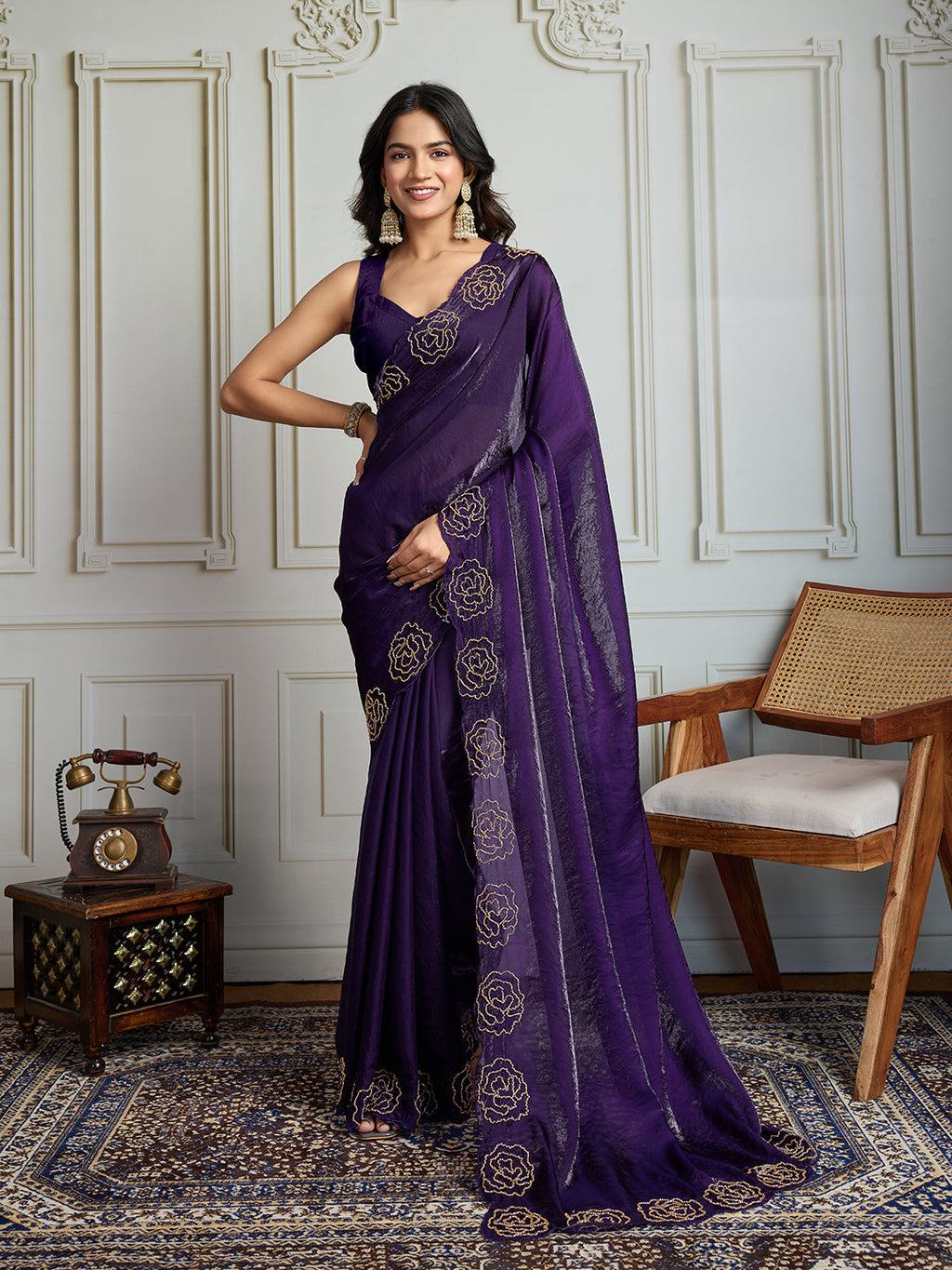 Jyoti Fashion Women's Purple Fandy Satin Handwork Designer Saree with Blouse - Distacart