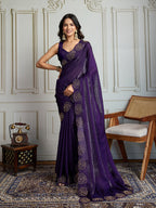 Jyoti Fashion Women's Purple Fandy Satin Handwork Designer Saree with Blouse - Distacart