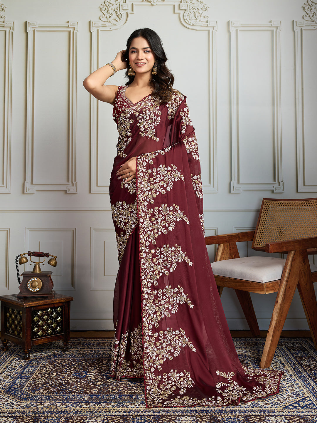 Jyoti Fashion Women's Maroon Rangoli Silk Embroidered Designer Saree with Blouse - Distacart