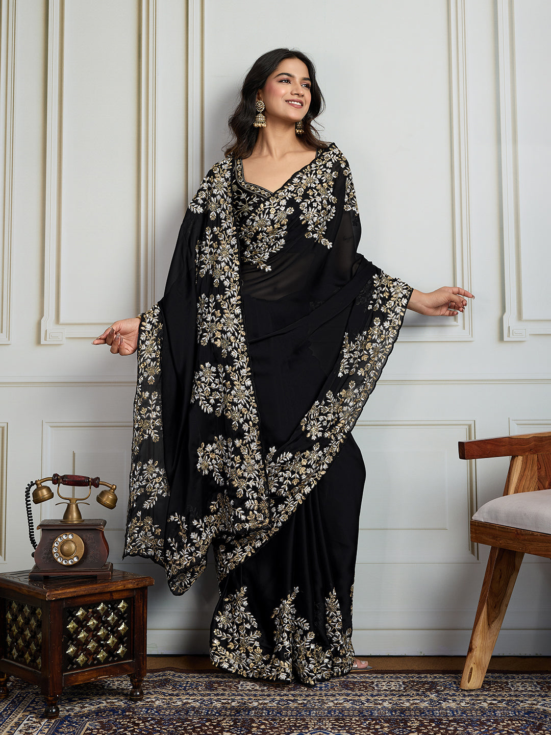 Jyoti Fashion Women's Black Rangoli Silk Embroidered Designer Saree with Blouse - Distacart