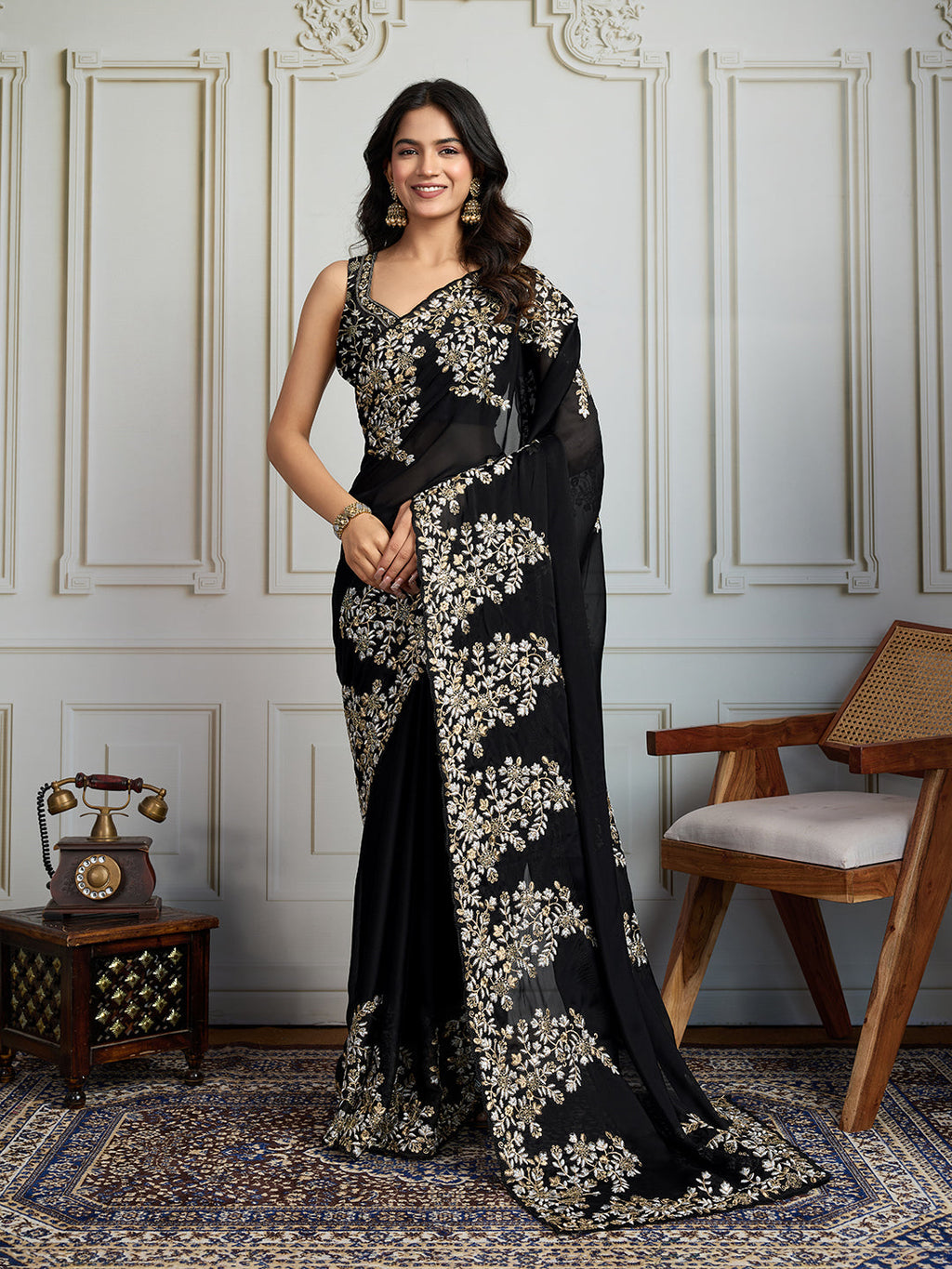 Jyoti Fashion Women's Black Rangoli Silk Embroidered Designer Saree with Blouse - Distacart