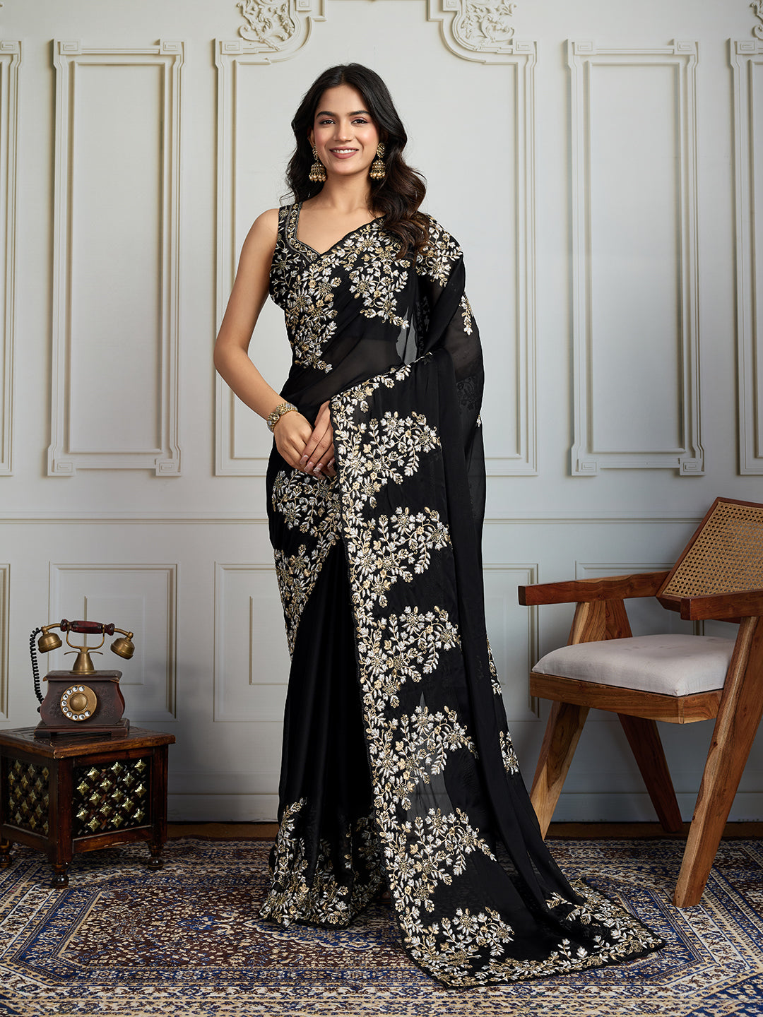Jyoti Fashion Women's Black Rangoli Silk Embroidered Designer Saree with Blouse - Distacart