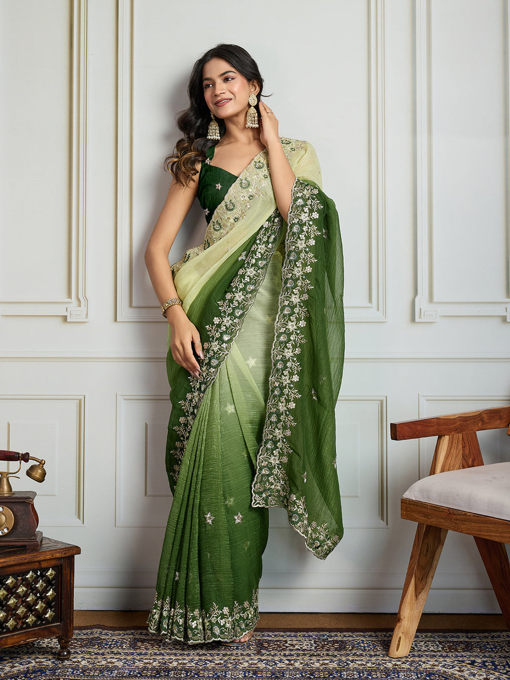 Jyoti Fashion Women's Green Soft Crush Embroidered Designer Saree with Blouse - Distacart