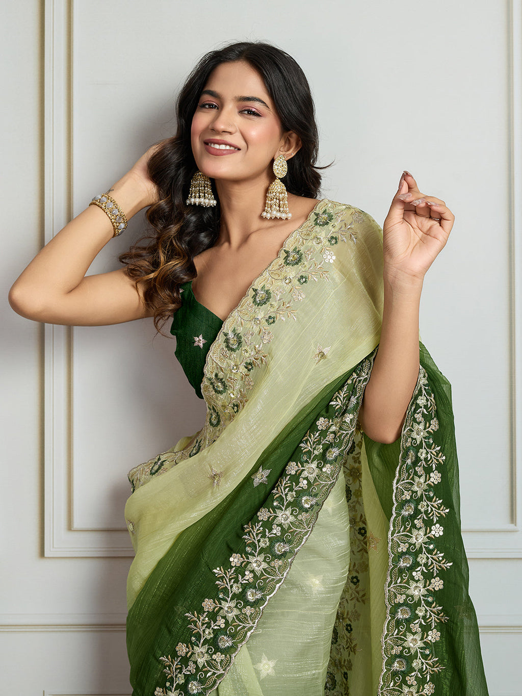 Jyoti Fashion Women's Green Soft Crush Embroidered Designer Saree with Blouse - Distacart