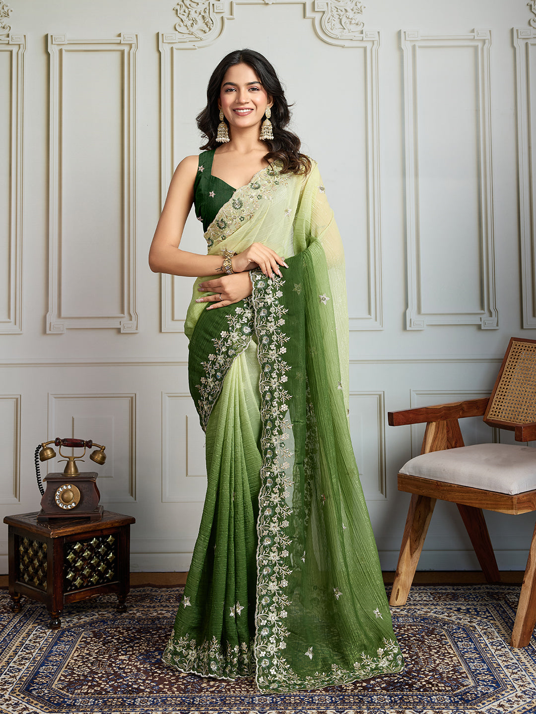 Jyoti Fashion Women's Green Soft Crush Embroidered Designer Saree with Blouse - Distacart