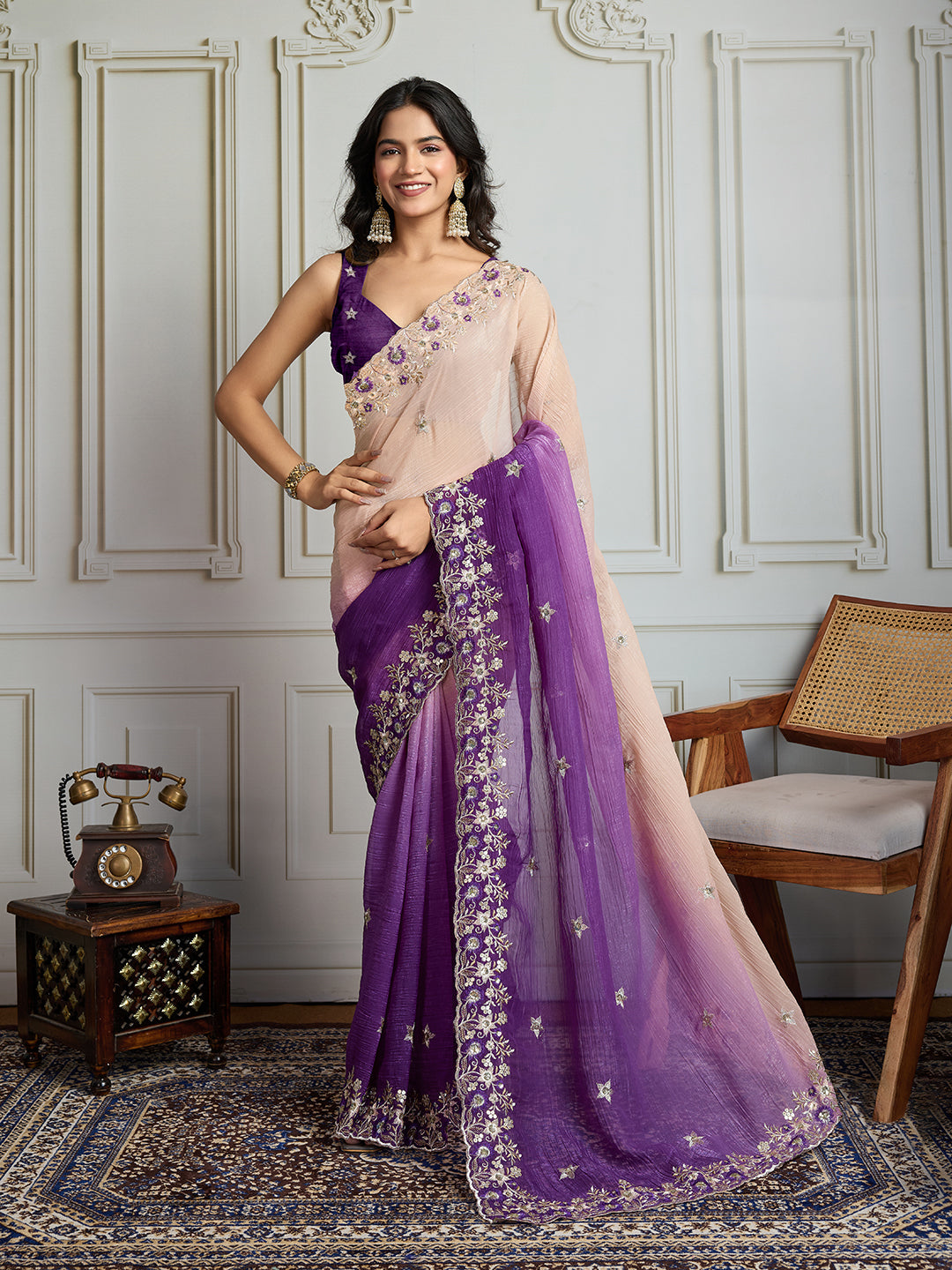 Jyoti Fashion Women's Purple Soft Crush Embroidered Designer Saree with Blouse - Distacart